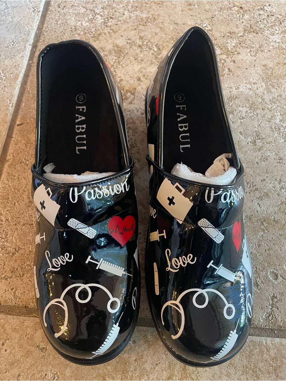 Black Patent Nursing Clogs with Medical Print